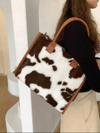 Simple Design Cow Pattern Women Soft Plush Shoulder Bags Winter Furry Ladies Purse Handbags Fashion Female Totes Bags,New Autumn And Winter Women Bag, Best Fall Purse, Casual Cow Print Pattern Purse For Women