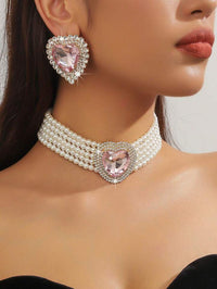 1pc High-End Fashionable Women's Geometric Heart-Shaped Heart-Shaped Pink & Rose Red Crystal Rhinestone Necklace And 1 Pair Of Heart-Shaped Heart-Shaped Pink & Rose Red Crystal